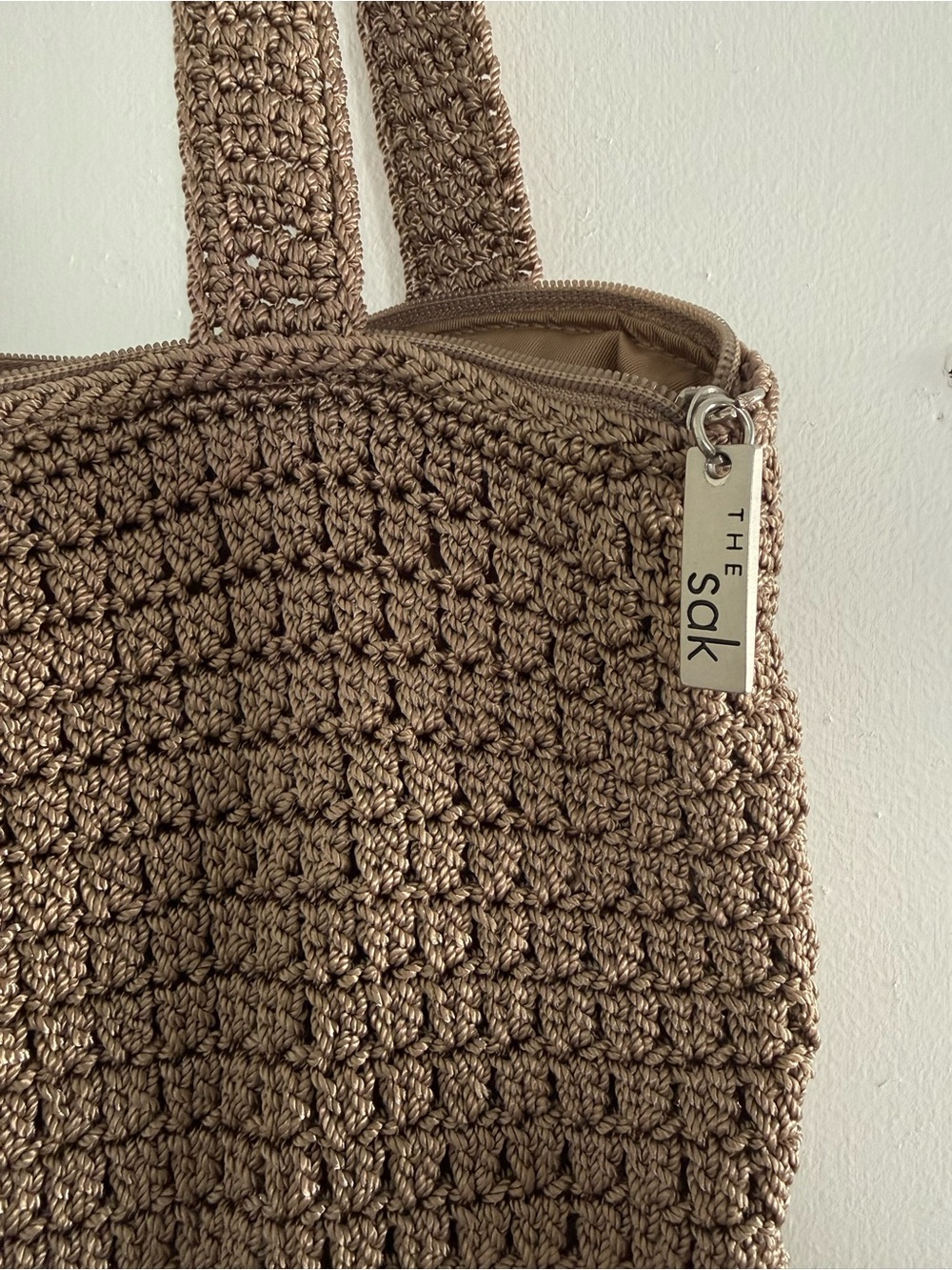 The Sak Brown Crochet Shoulder Tote Bag Zip Top Boho Handbag - Picture 2 of 13